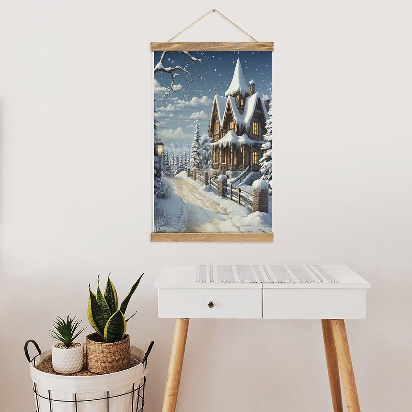 Vintage Christmas Winter Happy Scene Poster with Wooden Frame Personalized Linen Hanging Scroll Painting Rustic Wall Hanging Illustrative Modern Artwork Decor for Home Living Room Bedroom Office