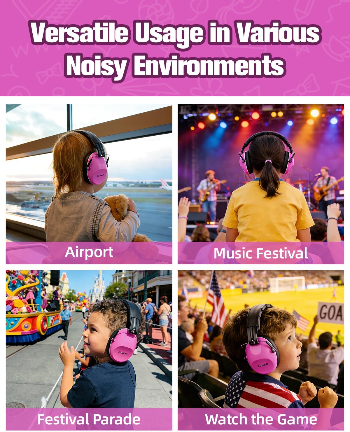 ZOHAN 032 Kids Noise Canceling Headphones - 25dB NRR Kids Ear Protection Earmuffs for School, Monster Jam, Fireworks, Travel, Air Show, Concert, Autism - Pink