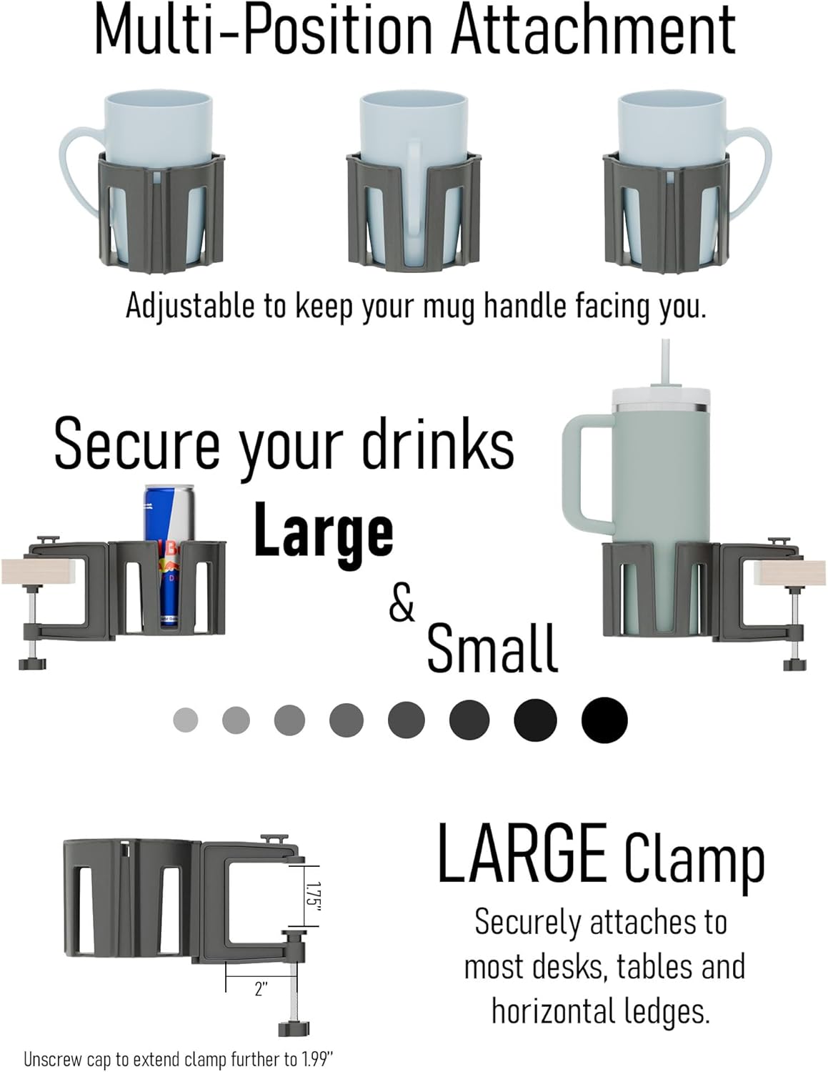 Original Large Desk Cup Holder Clamp – Cup-Holster, The Anti-Spill Cup Holder Mount for Your Table, Office & Gaming Setup – Multi-Directional Drink Holder & Headphone Hanger