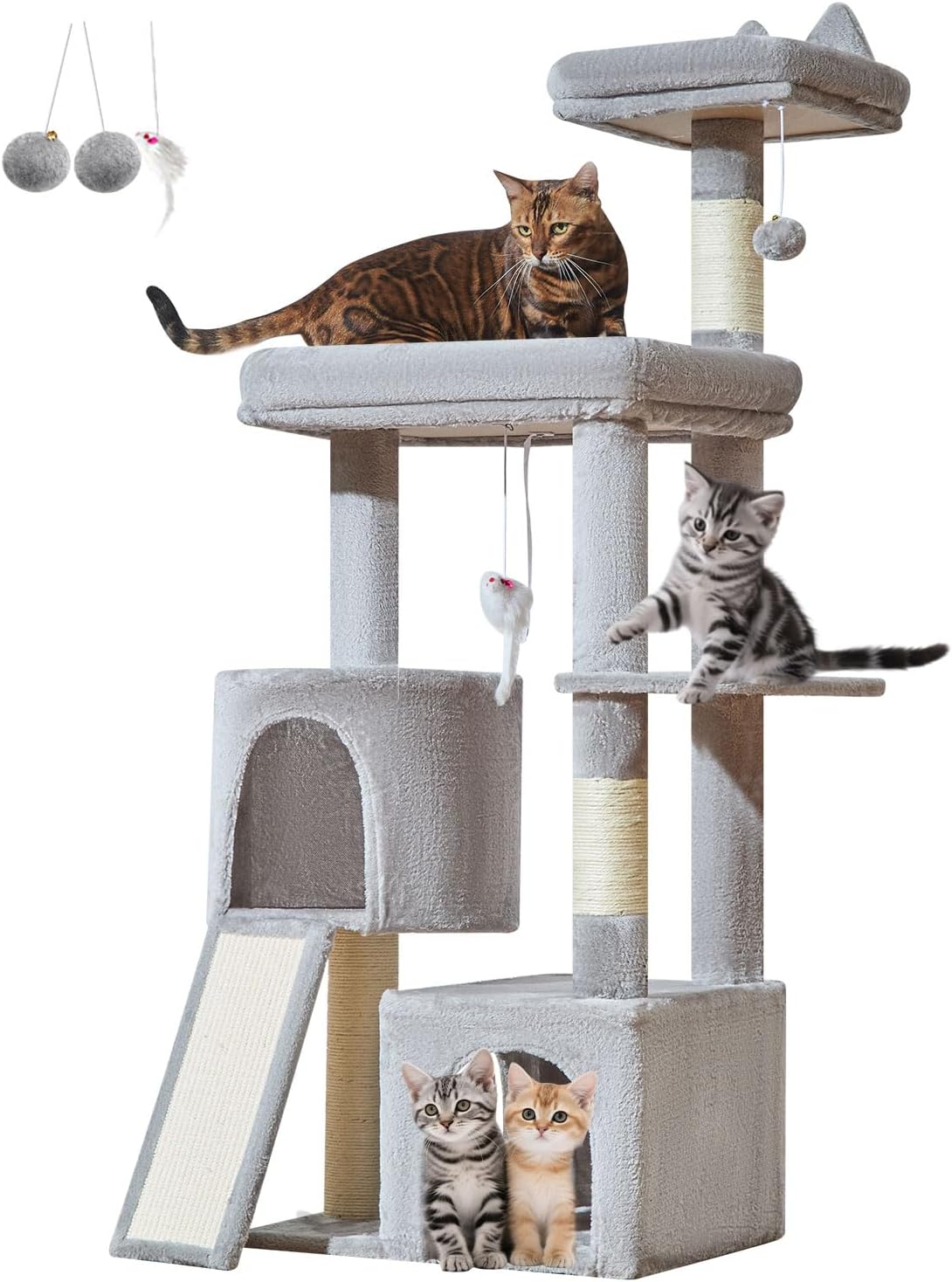 Taoqimiao Cat Tree for Indoor Cats, 55.1In Sturdy Cat Tower, Large Platform, Rotatable Round Condo with Large Scratch Board, Extended Cat House, Thickened Full-Sisal Scratching Post, Light Gray, F10W