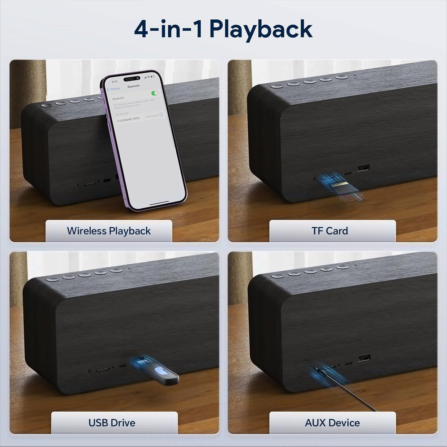FULMINARE Portable Bluetooth Speaker for Home, Wooden Housing, 50W Deep Bass Stereo Sound, Bluetooth 5.3, 30H Playtime, 4-in-1 Playback, IPX5 Waterproof for Indoor & Outdoor Use