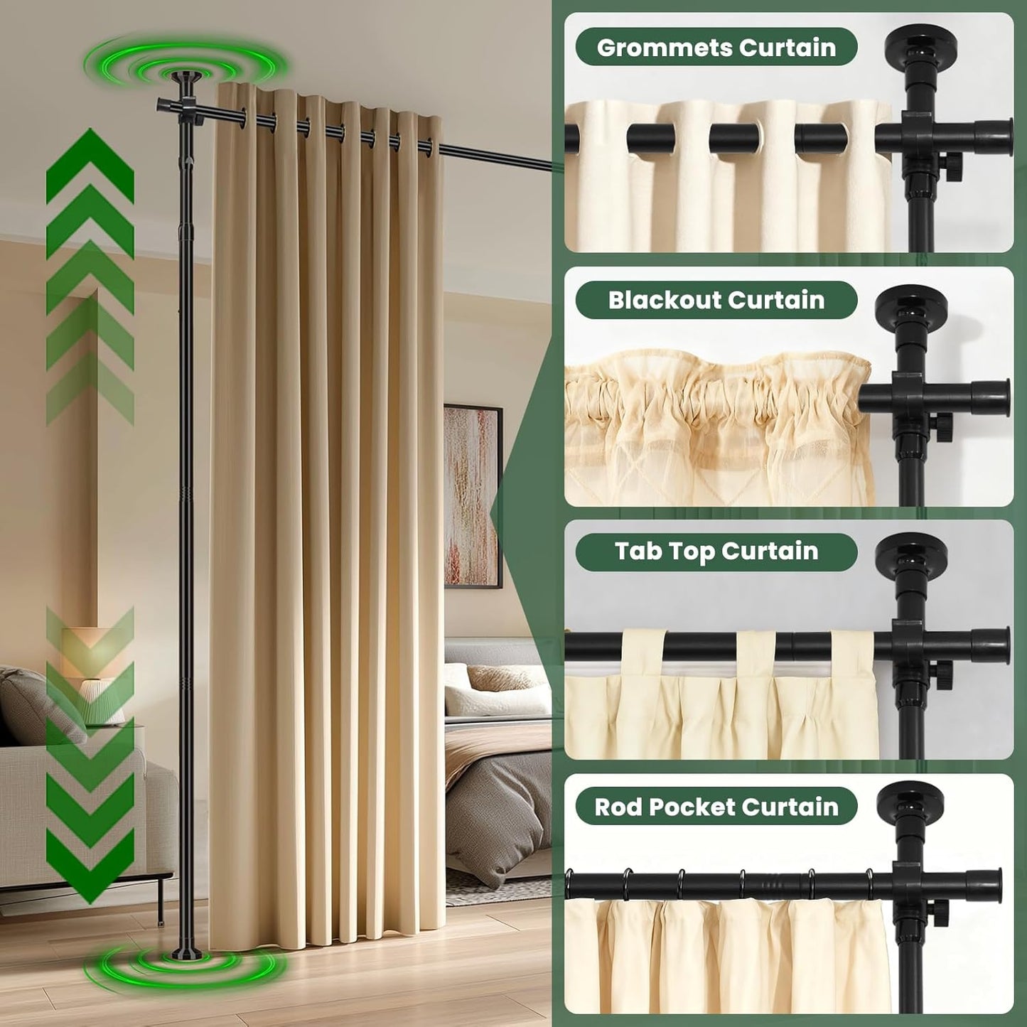Tension Curtain Rods No Drill Adjustable Room Divider, Tension Rod for Room Separator and Partition Room Dividers, Easy Installation for Bedroom & Apartment (Black - W35-100 × H43-120 in)