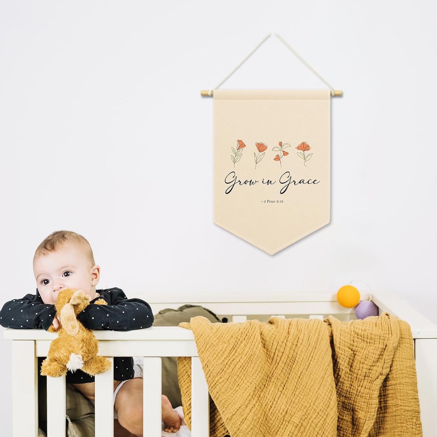 Nursery Christian Floral Banner Canvas, Grow in Grace Baby Kids Room Decor, Beige Pennant Flag Sign Hanging, Inspirational Wall Art Gifts for Toddler Room Baby Shower Playroom Decor 11x15in