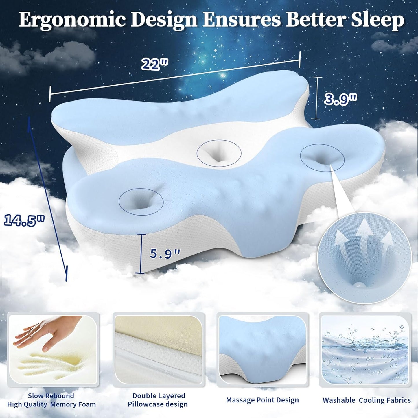 Memory Foam Cervical Pillow for Neck Pain Relief - Ergonomic Contour Pillow for Side, Back & Stomach Sleepers, Orthopedic Neck Support with Cooling Pillowcase