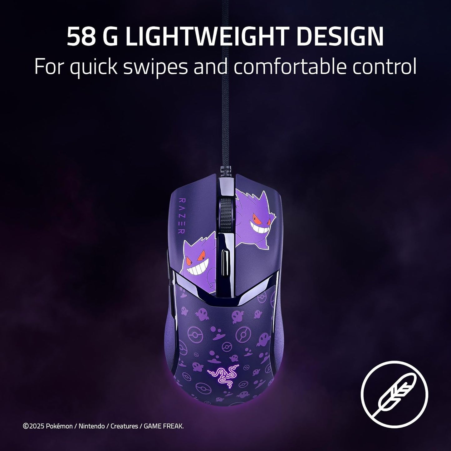 Razer Cobra Wired Gaming Mouse: 58g Lightweight - Gen-3 Optical Switches - Chroma RGB Lighting Underglow - 8500 DPI Optical Sensor - 100% PTFE Mouse Feet - Speedflex Cable - Pokemon Gengar Edition