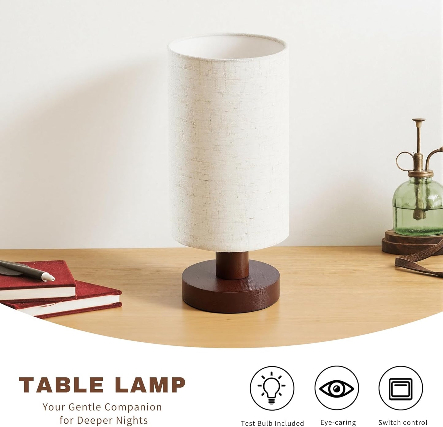 Bedside Lamps Set of 2, Small Bamboo Table Lamps for Bedroom, Minimalist Nightstand Lamps with Linen Shade, Modern Desk Lamp for Living Room, Study, Dorm (LED Bulbs Included)
