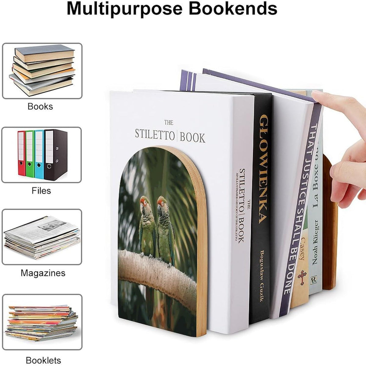 Two Parrots on Green Palm Tree Wooden Bookend Non-Slip Book Ends Heavy Duty Book Stopper with Metal Base Books Holderd Decorative Bookends Stands Firmly for Office Supplies