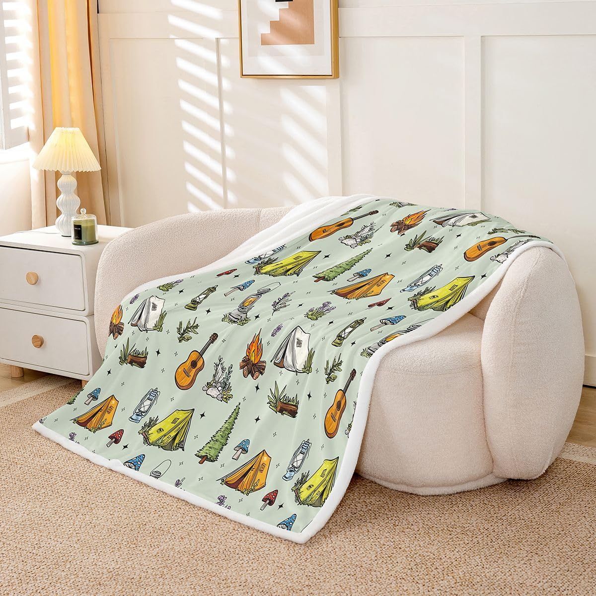 Feelyou Green Camping Camper Sherpa Throw Blanket for Couch Campfire Music Guitar Super Soft Cozy Fleece Happy Camping Blanket for Winter, Plush Throw Throw 50"x60" All Season