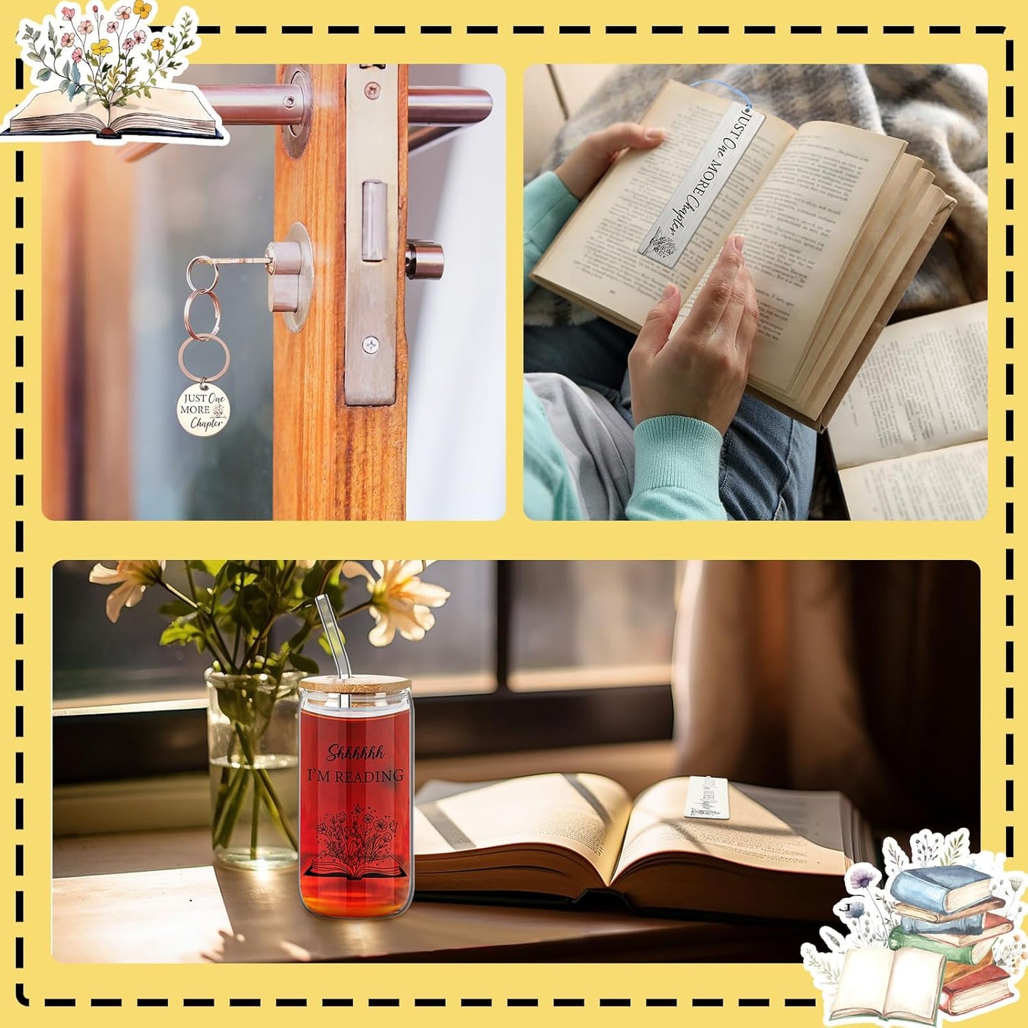 7 Pcs Book Lovers Gifts Set Book Makeup Bag Earrings Metal Bookmarks Keychain Glass Cup for Reader Gifts Accessories