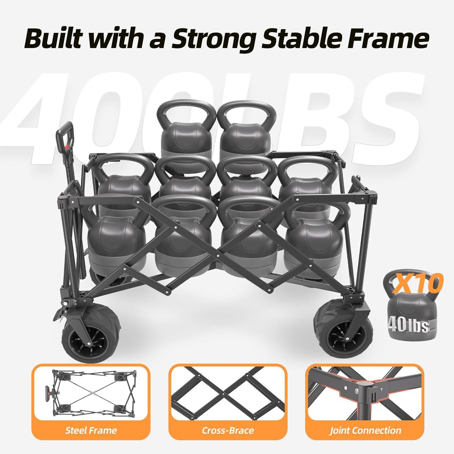 EchoSmile Collapsible Folding Wagon Cart with Compact Storage - 400Lbs Capacity All Terrain Utility Cart for Camping, Beach, Grocery, Gardening(Orange)