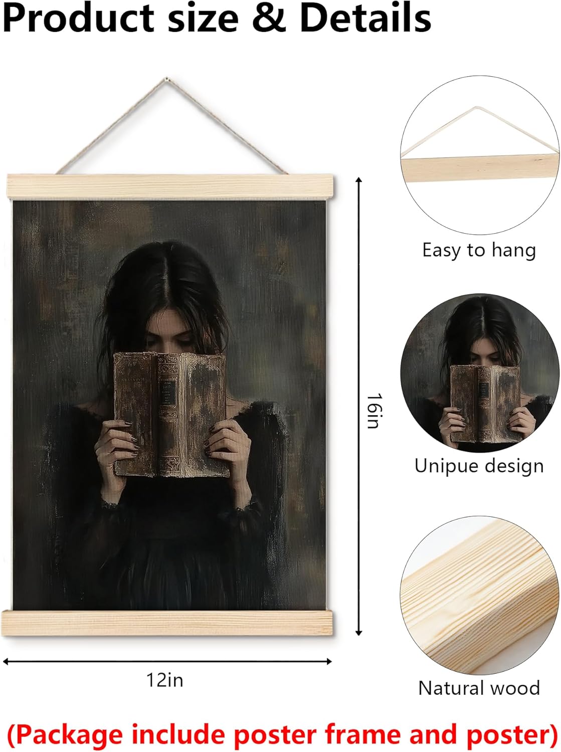 Vintage Book Girl Pattern Hanging Canvas Wall Art with Wooden Framed - Gothic Moody Dark Academia Print Library Hanging Posters, Goth Victorian Dark Cottagecore Wall Decor for Study Dorm Book Nook