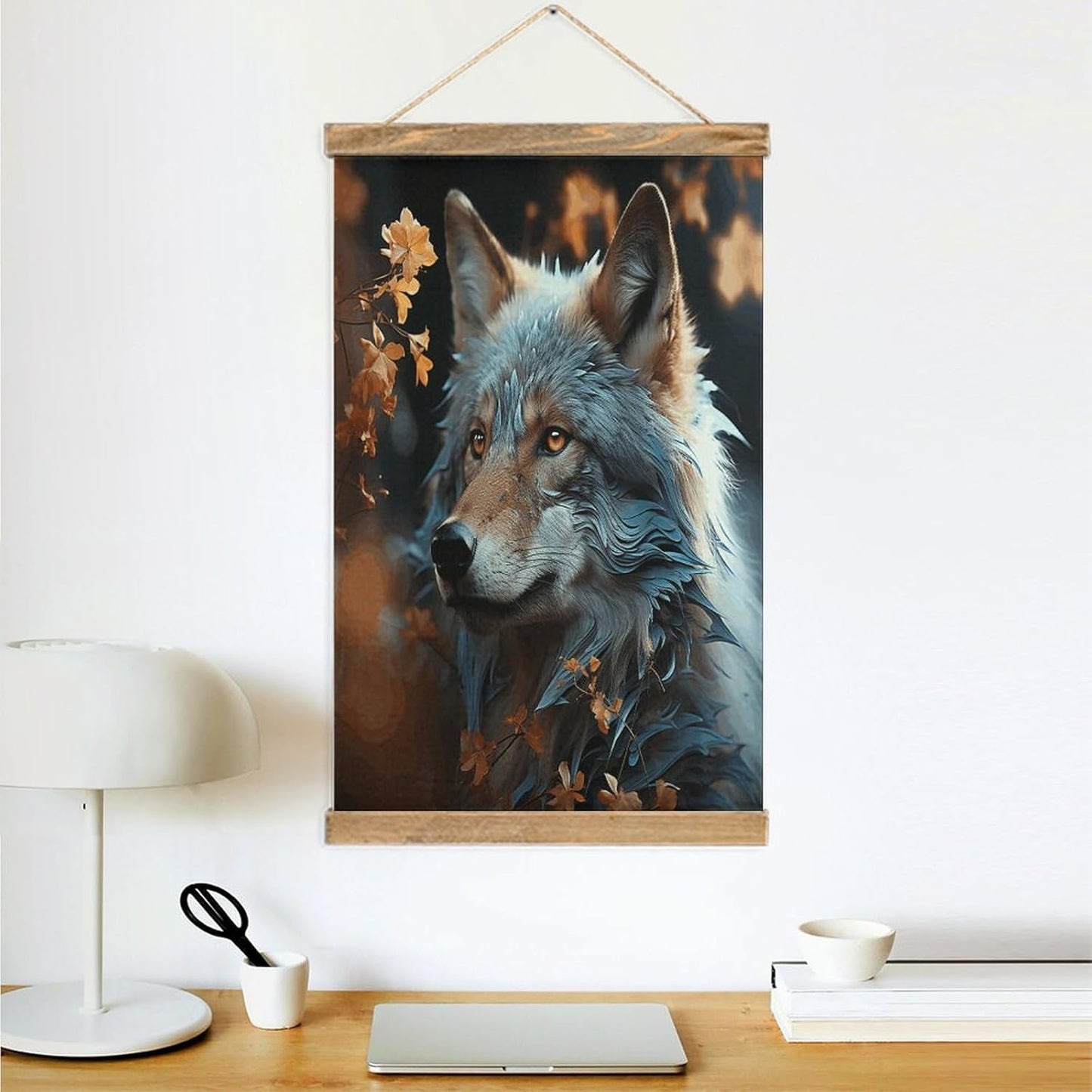 Vintage Autumn Leaves And A Wolf Poster with Wooden Frame Personalized Linen Hanging Scroll Painting Rustic Wall Hanging Illustrative Modern Artwork Decor for Home Living Room Bedroom Office