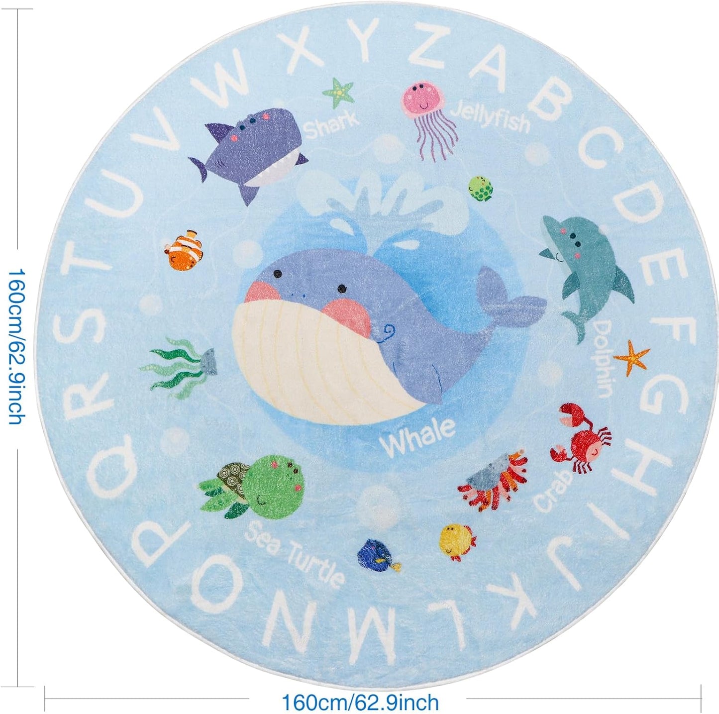 Soft Round ABC Rug for Kids Room,5.2 ft Washable Circle Nursery Rug,Non-Slip Whale Alphabet Baby Kids Rug Carpet for Nursery Playroom Bedroom Kids Room Decor