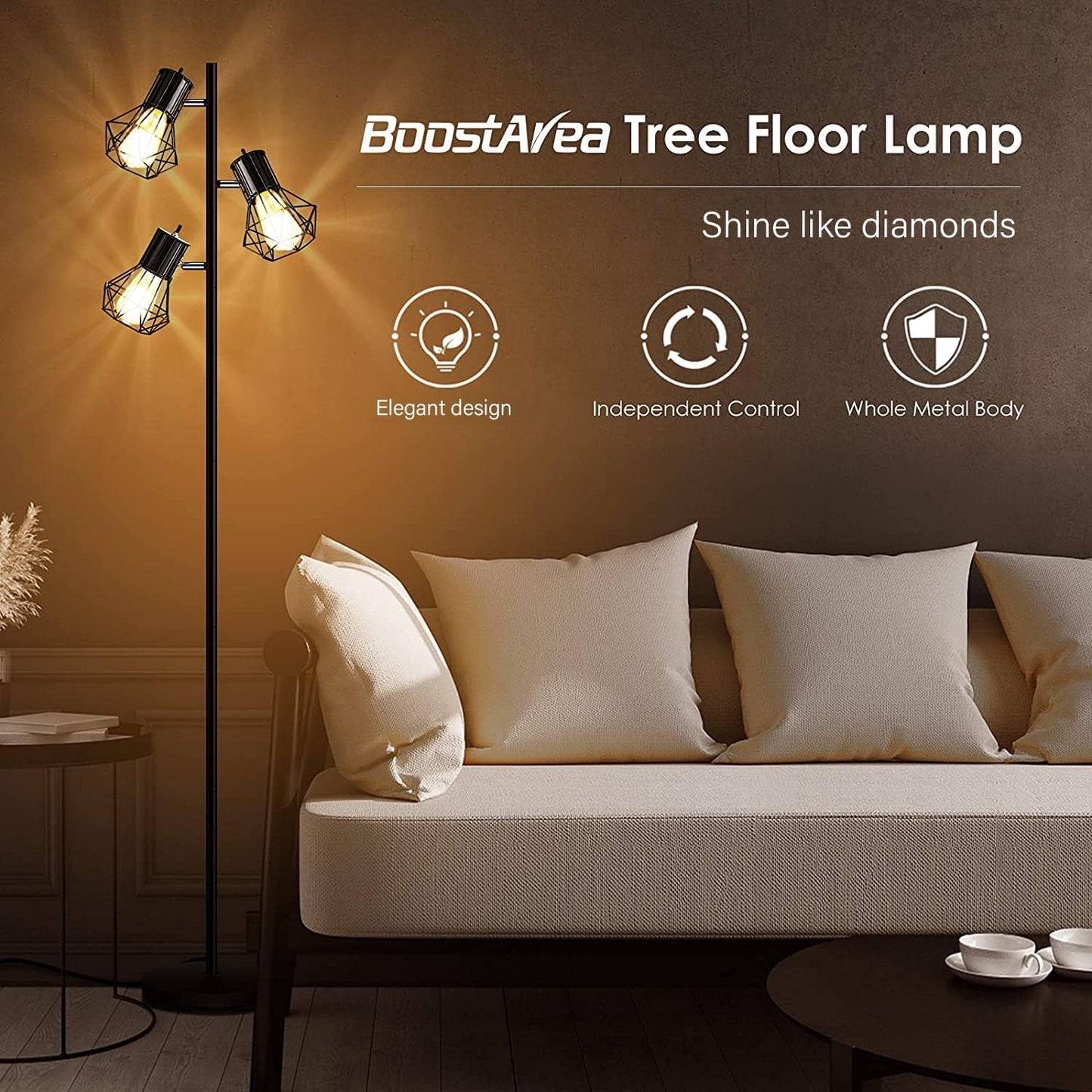 BoostArea Industrial Floor Lamp,Standing Lamp,Farmhouse Tree Floor Lamps with 3 Adjustable Cage Heads,E26 Socket,Independent Control,Floor Lamp for Living Room,Bedroom,Rustic Home(No Bulb)