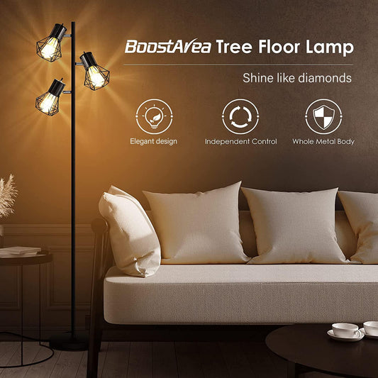 BoostArea Industrial Floor Lamp,Standing Lamp,Farmhouse Tree Floor Lamps with 3 Adjustable Cage Heads,E26 Socket,Independent Control,Floor Lamp for Living Room,Bedroom,Rustic Home(No Bulb)