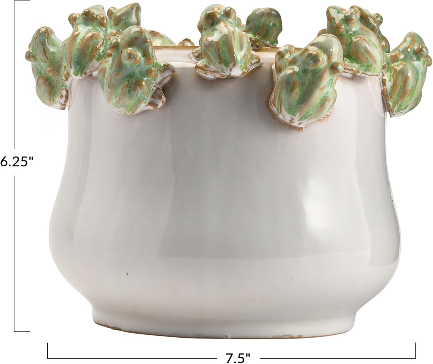 Creative Co-Op Stoneware Planter with Frogs on Rim and Reactive Glaze, Green and White