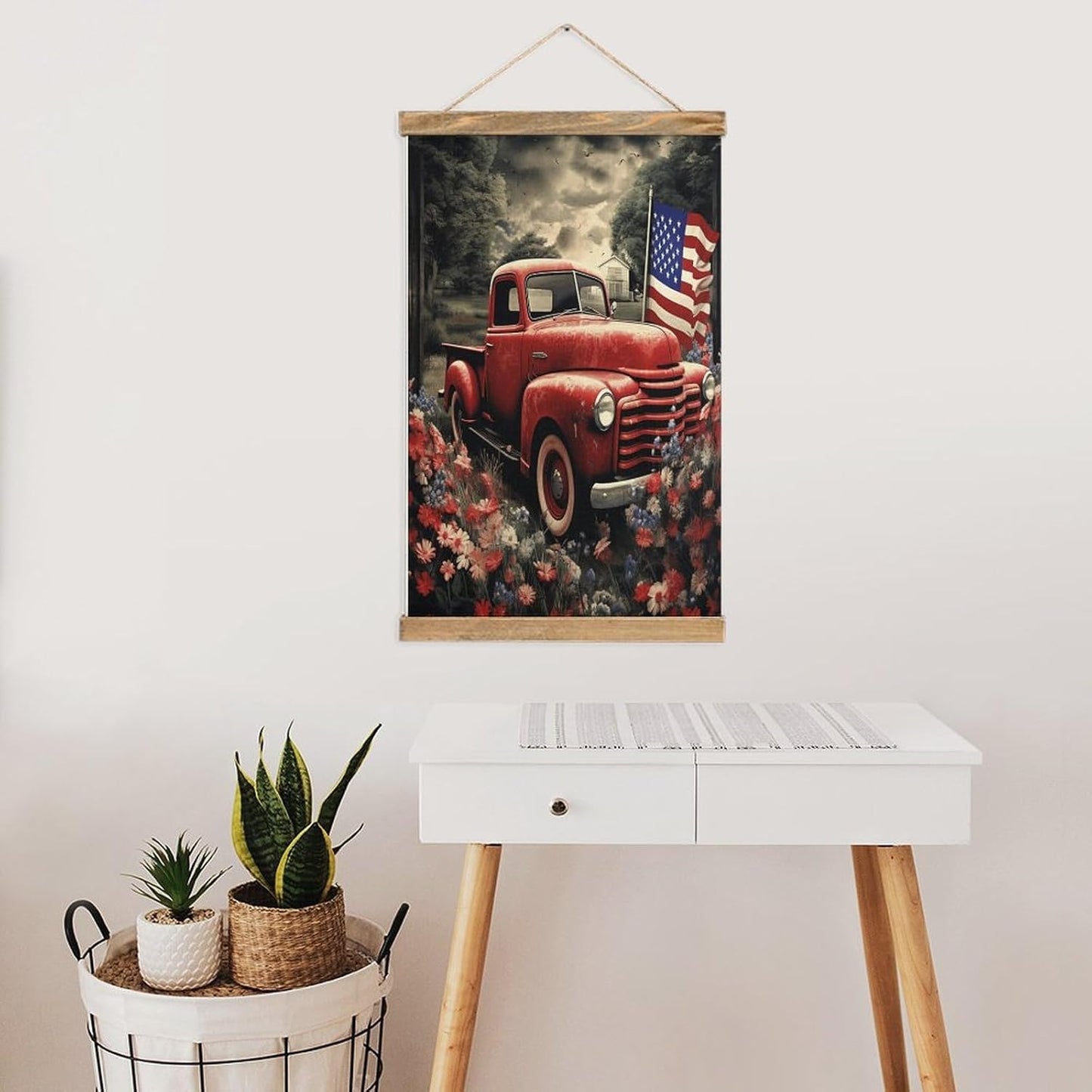 Vintage 4th Of July Patriotic Old Red Truck Poster with Wooden Frame Personalized Linen Hanging Scroll Painting Rustic Wall Hanging Illustrative Modern Artwork Decor for Home Living Room Bedroom Offic