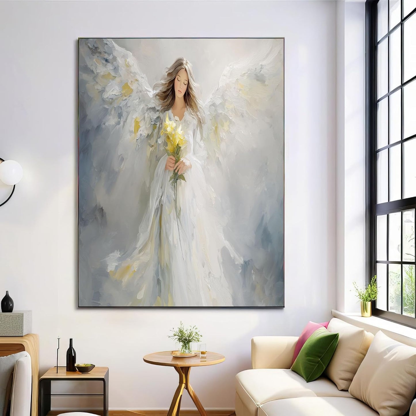 GDJSMIN Dreamy Style Wall Art, White Angel Yellow Flowers Poster for Reading Room Living Room Decor 16x 24 inch Unframed
