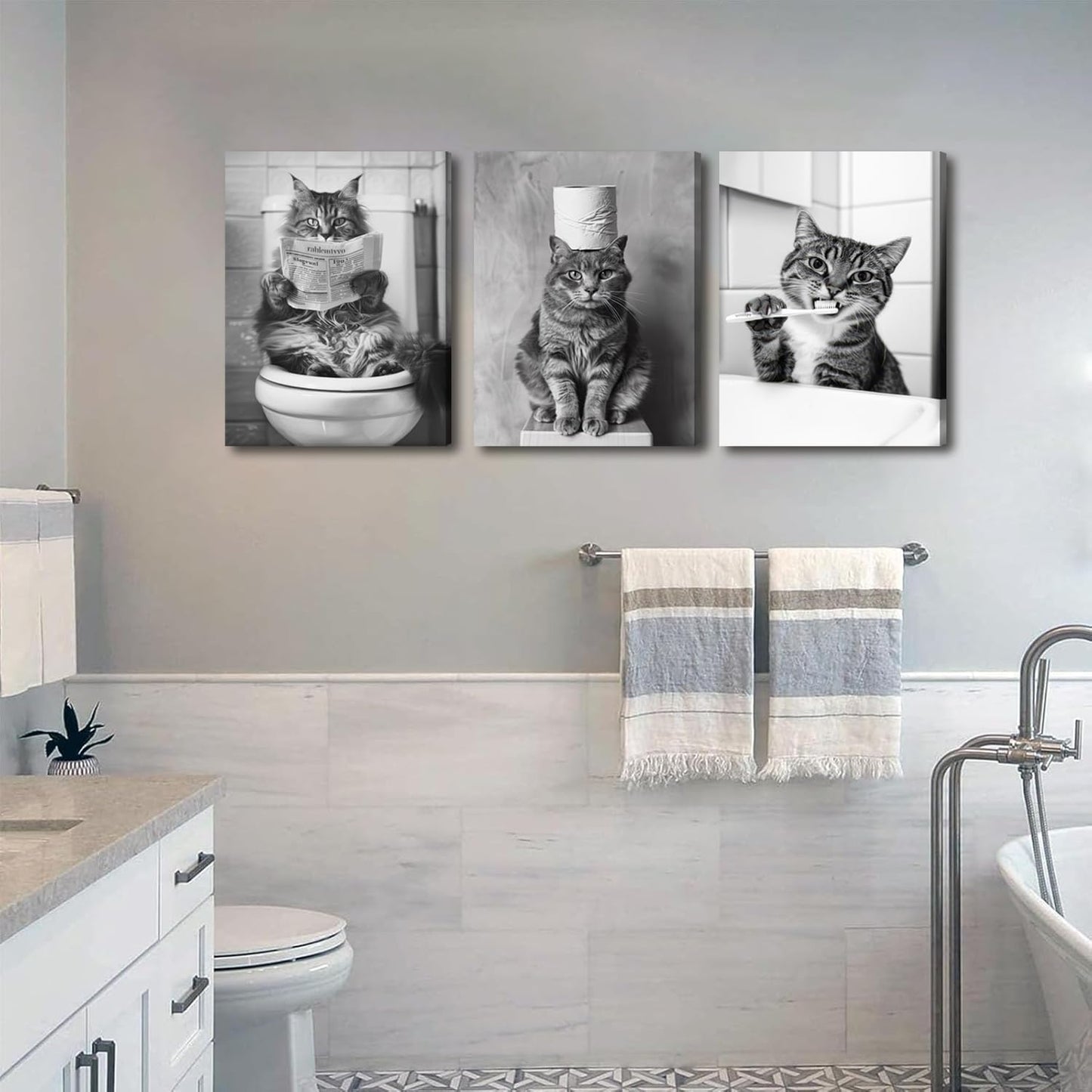Framed Funny Black and White Cat Bathroom Wall Art Set of 3, Cute Cat on Toilet Pictures Wall Decor Paintings, Humor Animal Toilet Signs Canvas Prints for Bathroom Restroom 16x24 inch
