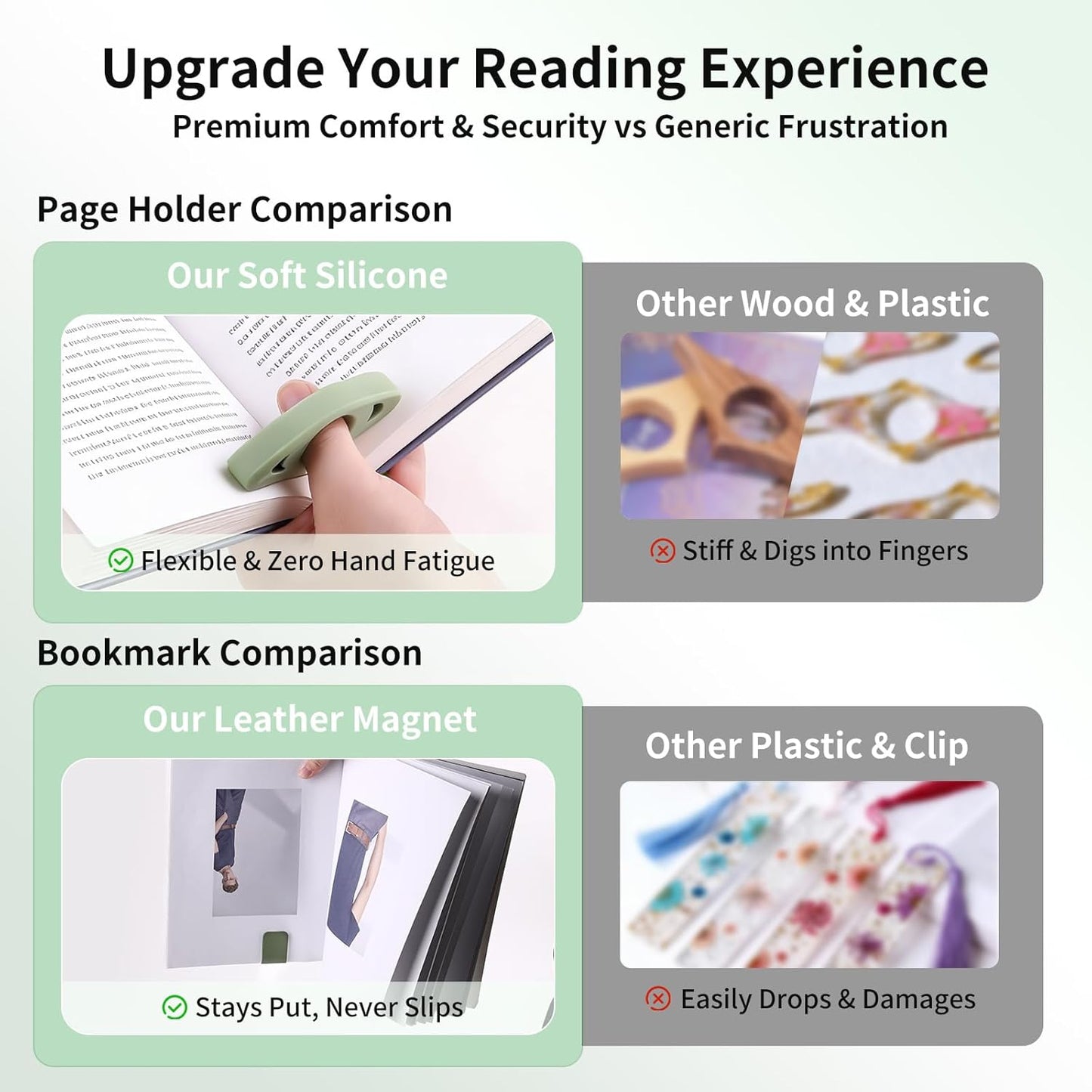 [4-in-1 Reading Set] 2 Soft Silicone Thumb Page Holders & 2 Magnetic Vegan Leather Bookmarks - Ergonomic One-Handed Book Opener & Secure Page Markers - Unique Bookish Gifts for Readers