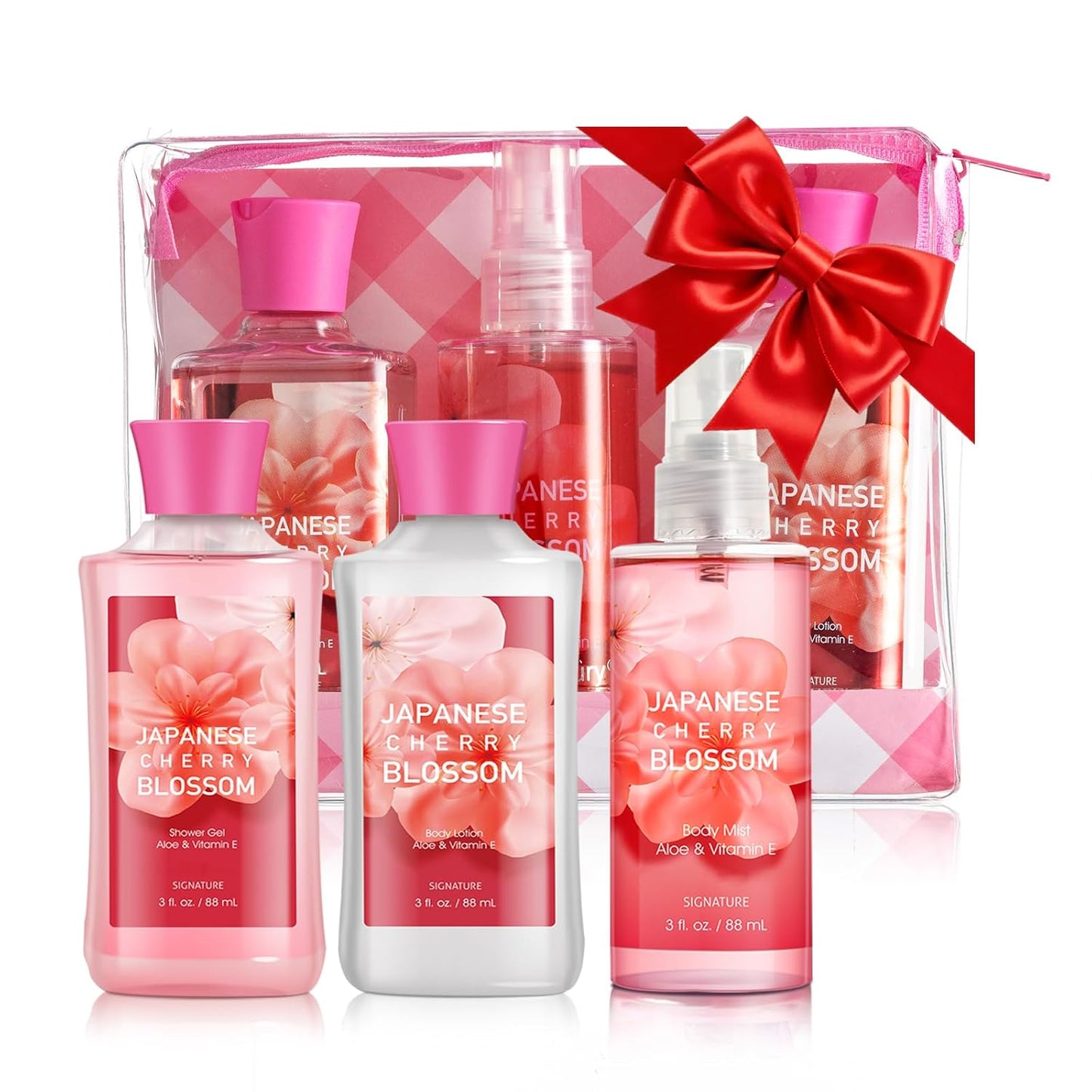 Bath Gift for Women and Girls, Japanese Cherry Blossom Spa Set With Natural Extracts, 3PCS Set - Shower Gel, Lotion, Mist, Personal Self Care Kit, Body Care Travel Set