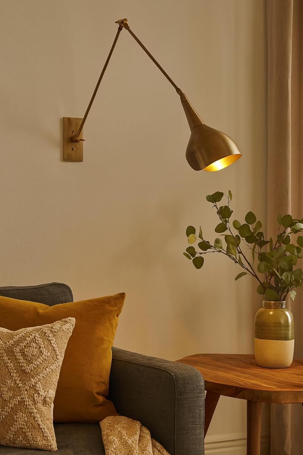 Modern Swing Arm Wall Lamp – Adjustable Brass Wall Sconce with Rotating Arm & Cone Shade, Industrial Vintage Wall Light for Living Room, Bedroom, Bedside & Reading Nook (Antique Black)
