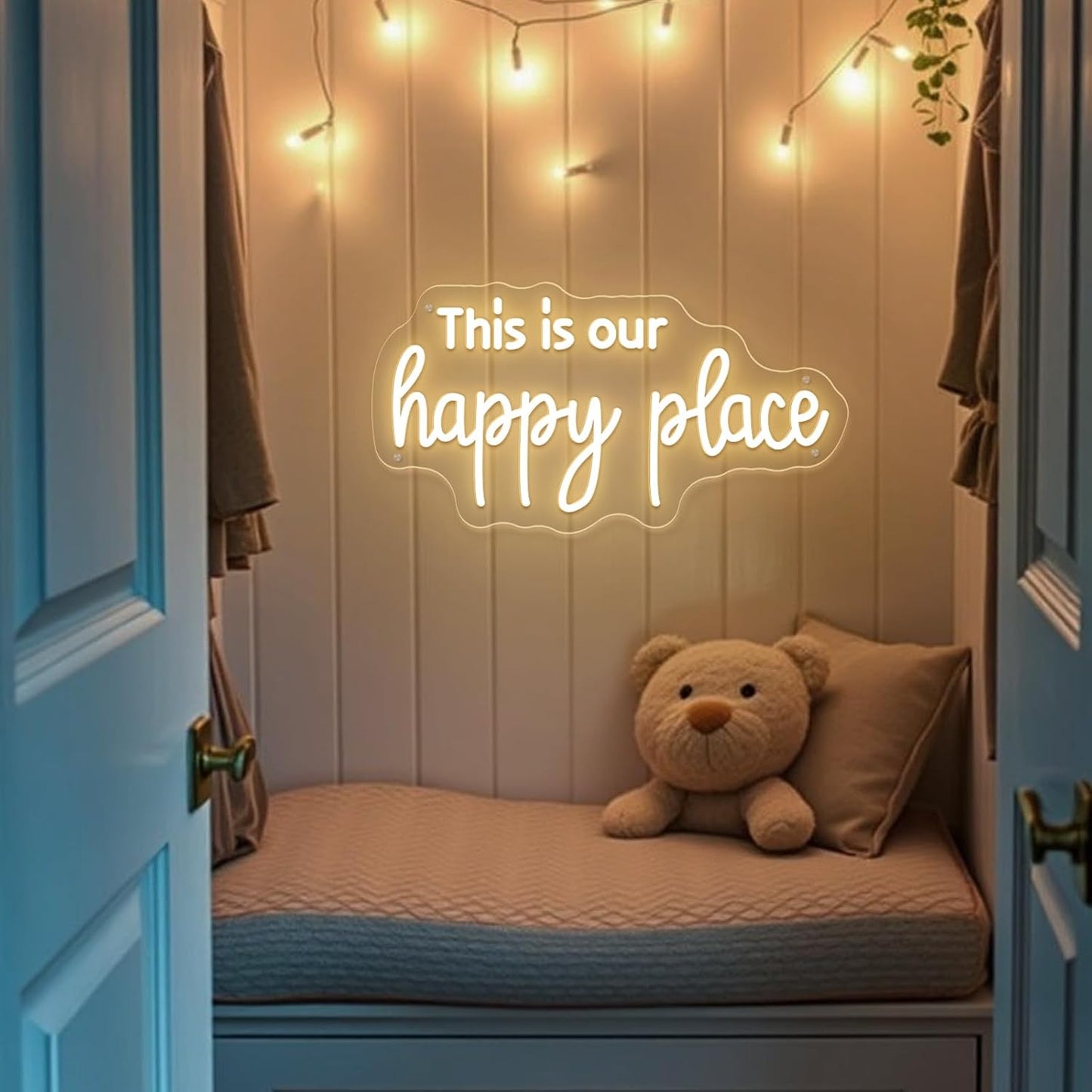 This is Our Happy Place Neon Sign Happy Place Neon Signs for Wall Decor Dimmable Warm White LED Signs for Bedroom Classroom Man Cave Home Bar Birthday Party Decor Neon Classroom Sign