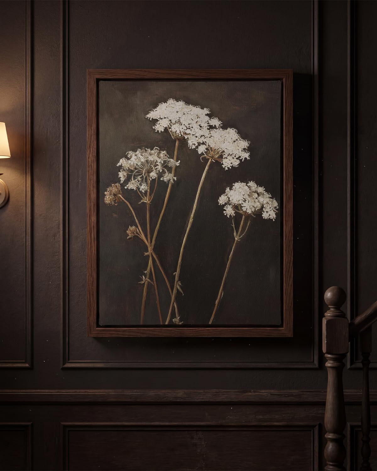 Vintage Framed Wall Art 12x16 Inch – Moody Botanical Still Life Artwork with White Dried Wildflower Oil Painting – Dark Academia Rustic Floral Wall Decor for Bedroom, Living Room