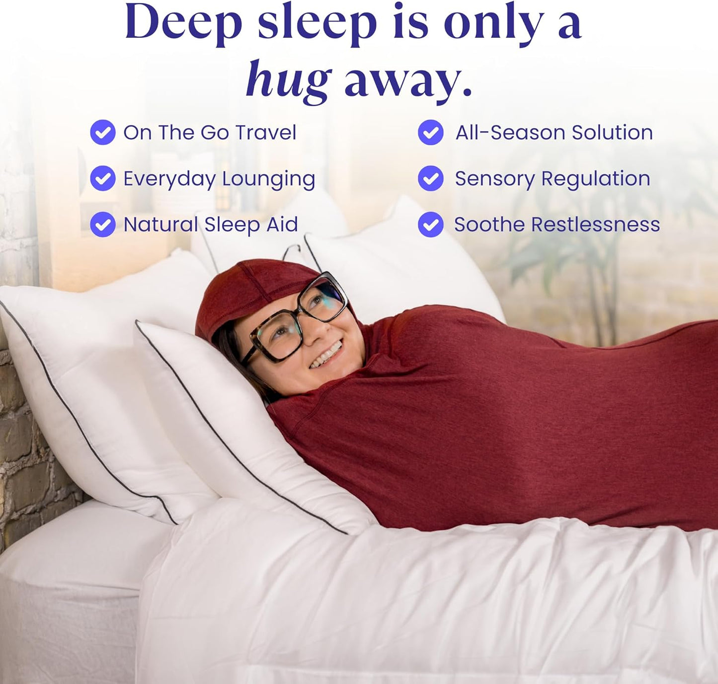 Hug Sleep Hooded Sleep Pod, Wearable Blanket with Comfy Hoodie, Weighted Blanket Alt, Seen on Shark Tank, Cooling Sensory, Machine Washable Cozy Blankets, Adult, Kids or Teens Gift, Ruby, Medium