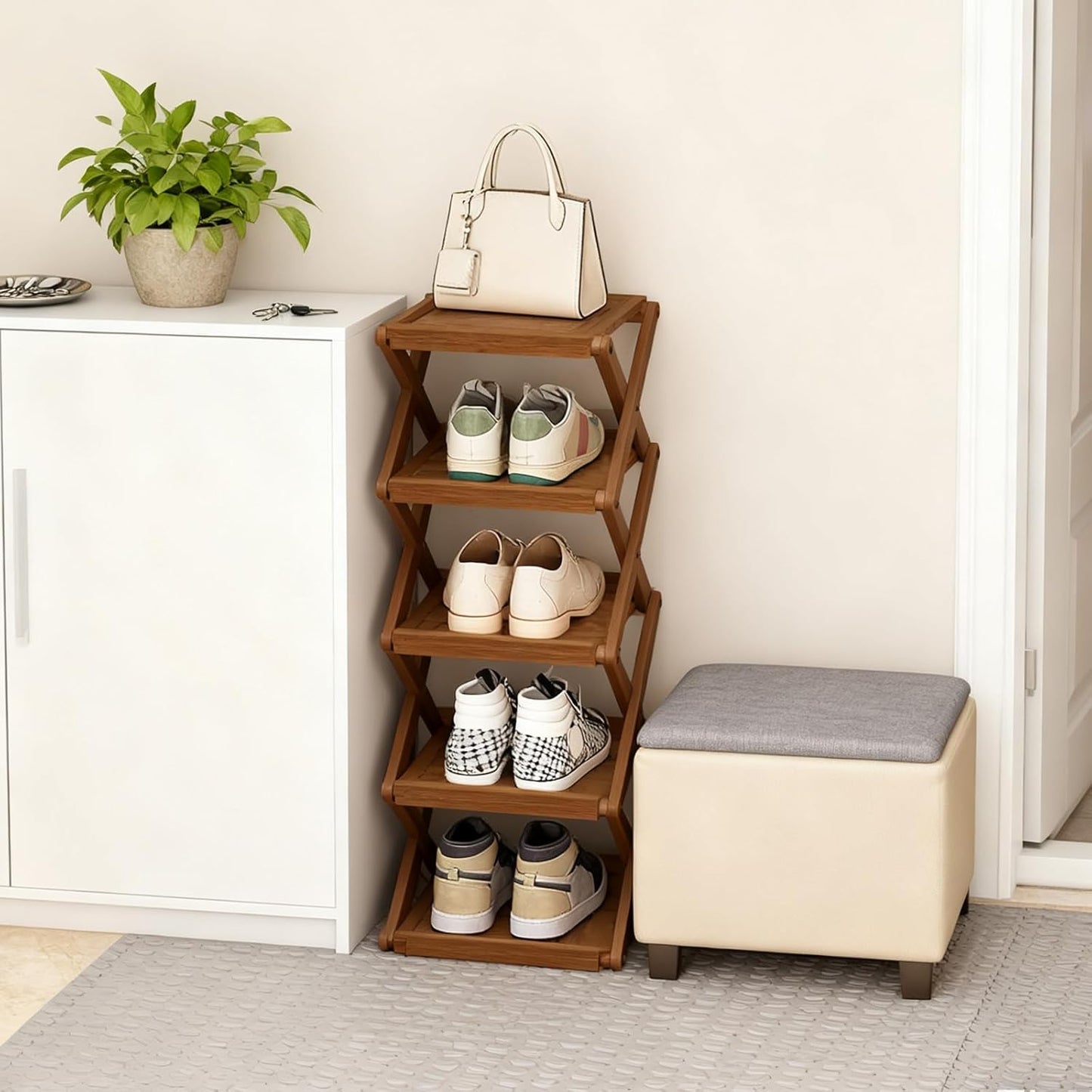 Simcat Bamboo Folding Shoe Rack for Entryway, Narrow Installation Free Dorm Closet Shoe Racks, Vertical Front Door Entrance Shoe Racks