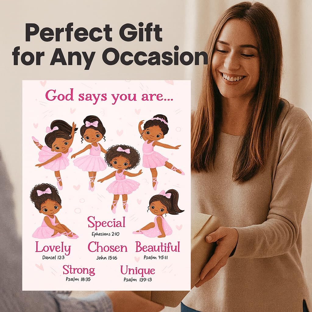 ZUKIY Ballerina Blessings - Who God Says You Are - Black Ballerina Wall Art - Ballerina Room Decor for Girls - Ballerina Bedroom Decor - Pink Afro Girl Poster - God Daughter Gifts - Unframed 8x10