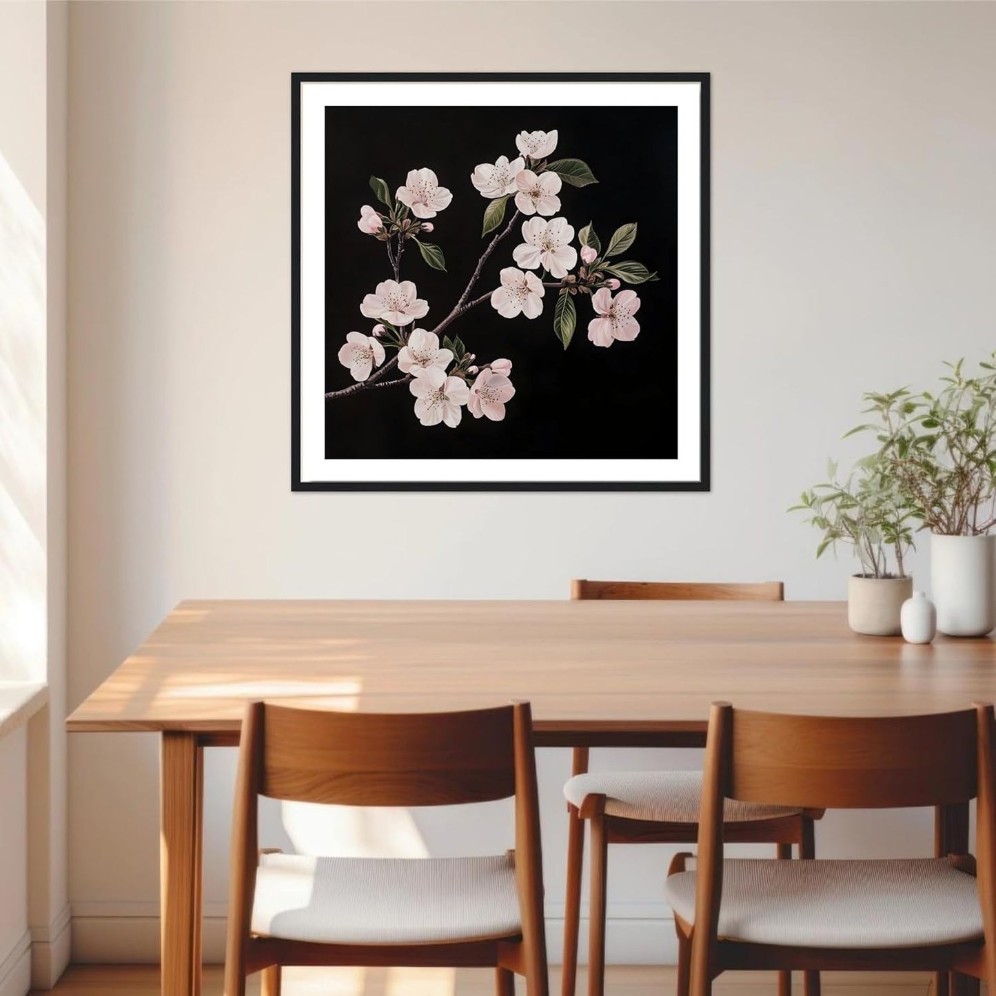 Moonow7 Cherry Blossom Wall Art Prints, Black and White Botanical Poster for Bedroom, Bathroom, or Office, Minimalist Flower Print for Tranquil Interiors, Unframed Size 30x30 cm / 12x12”