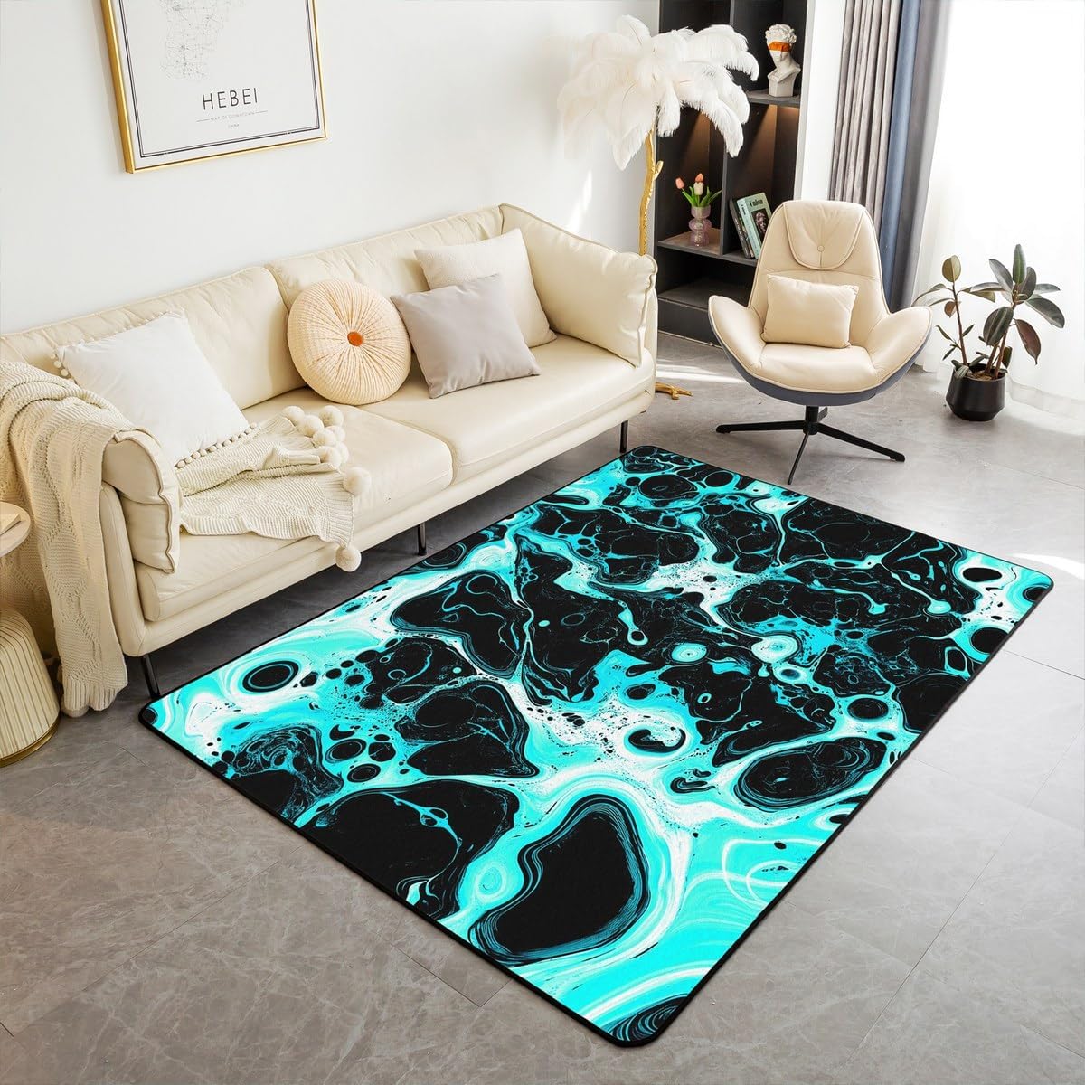Erosebridal Tie Dye Area Rug 6'6" x 4'11" Abstract Living Room Rugs for Kids Boys Girls Quicksand Ombre Liquid Marble Watercolor Decorative Carpet Black White Teal Blue Non Slip Indoor Floor Mat