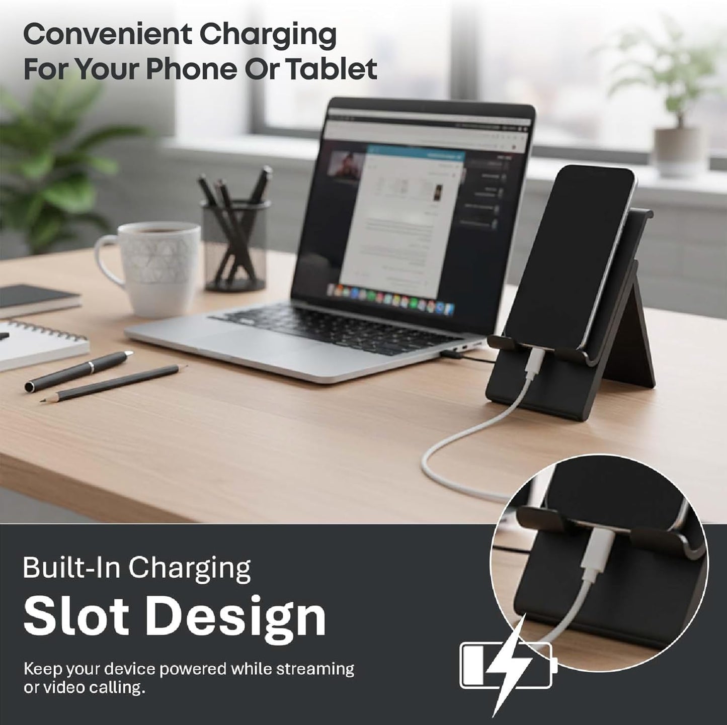 Tablet Stand, Adjustable Height, Phone Stand, Tablet Stand for Desk, Devices up to 12", Charging Slot, Foldable, Silicone Padding, Compatible with iPad/iPhone, Fits Tablets and Phones