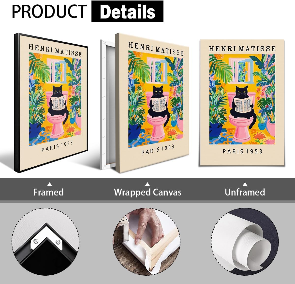 XMJJQQ Cat Canvas Wall Art, Black Cat on Toilet Reading Newspaper Bathroom Poster, Pink Dopamine Henri Matisse Inspired Mid Century Print, Green Tropical Botanical Restroom Picture 8x12in Unframed