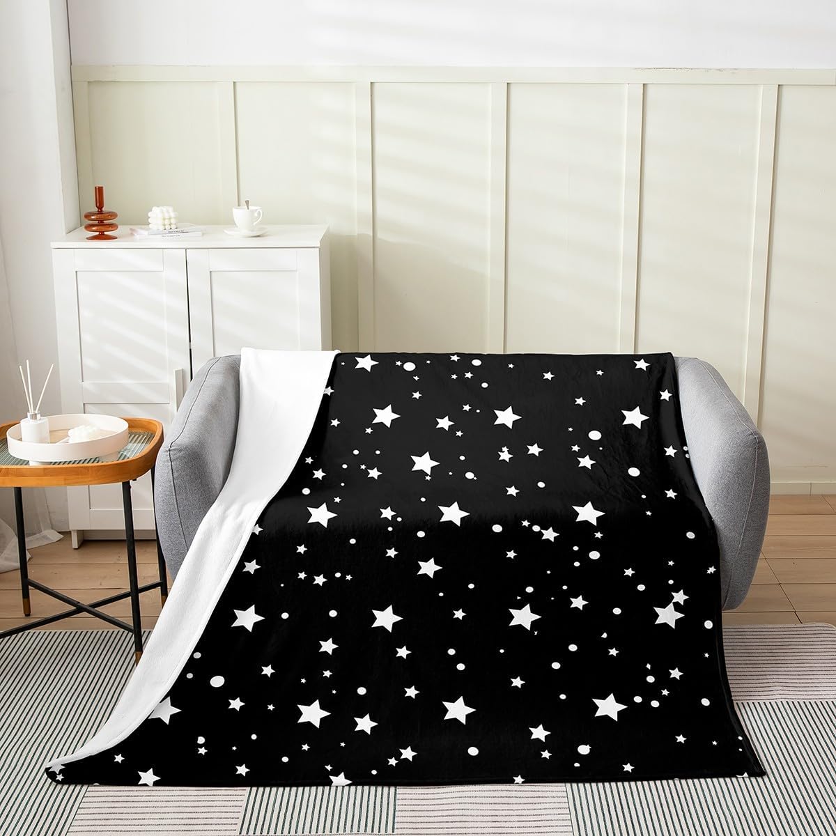 Erosebridal Starry Sky Blanket Twin 60X80 Inch Galaxy Star Throw Blanket for Kids Boys Girls, Outer Space Fleece Blanket, Black and White Geometric Polka Dots Bed Blanket Warm Bedroom Decor