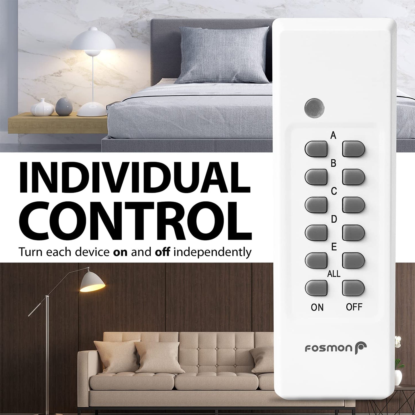 Fosmon Wireless Remote Control Outlet Plug Indoor, Battery Operated On/Off Light Switch for Electrical Outlet, Fan, Christmas Tree, No Interference, 15A/1875W, No Wiring & Expandable- 5 Pack