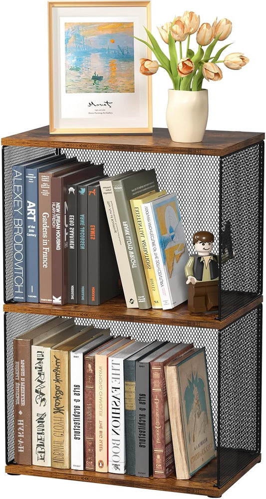 Small Bookshelf 2 Tiers Bookshelf for Small Spaces DIY Variable Stackable Cube Storage Organizer for Kid Bedroom,Living Room, Black Brown Wooden,2 Tiers Non-Detachable