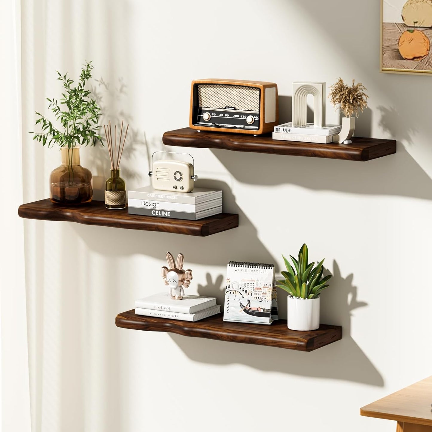 Floating Shelves for Wall Rustic Farmhouse 24 Inch Floating Shelf Bathroom Wooden Shelves for Wall Mounted Live Edge Pine Wall Shelf with Unique Natural Grain for Living Room Bedroom Kitchen (Walnut)