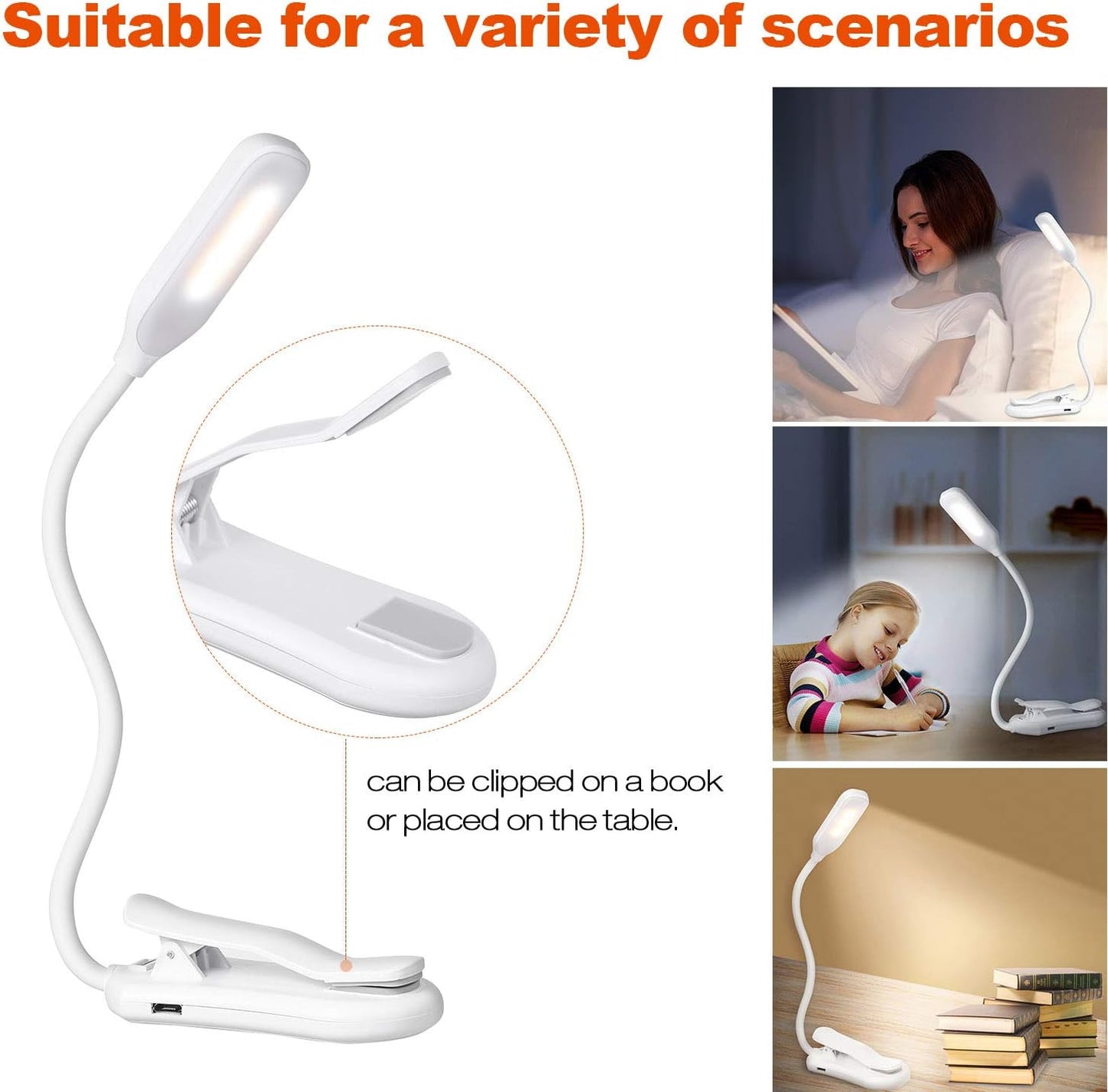 Clip On Book Reading Light for Bed, Clamp On Book Light with 5 LED Eye Care, 3 Color Changeable, Battery Operated USB Rechargeable Bendable Night Book Light Reading Lamps for Bed Study White