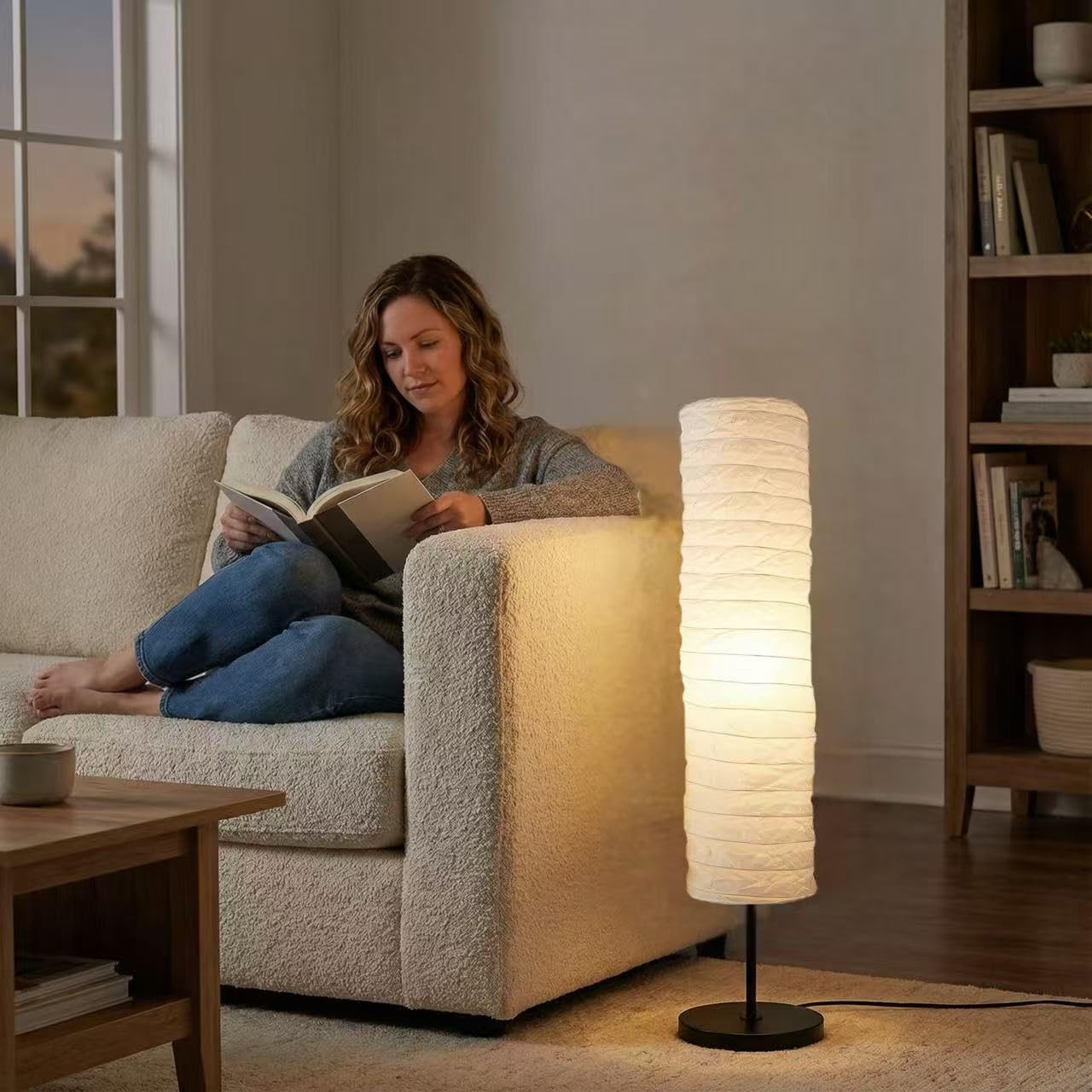 Paper Floor Lamp Shade Replacement, 37-Inches Tall Foldable Floor Light Cover Replacement Japanese Style Rice Paper Lampshade for Bedroom Home Hotel Bedside Desk, White