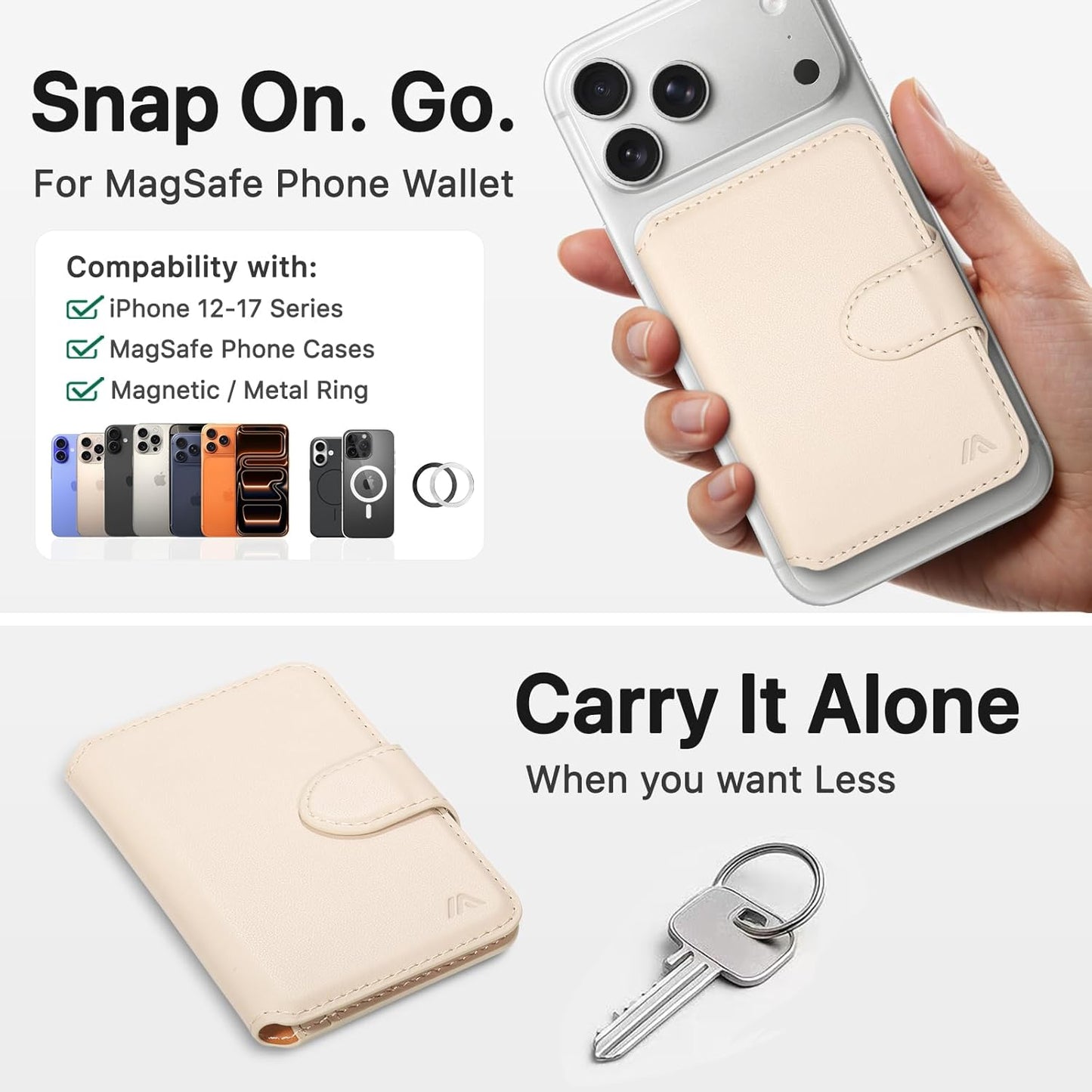 for MagSafe Wallet, Magnetic Phone Wallet RFID Blocking, Slim 5-8 Card Holder with Cash Slot & Clear ID Window, Minimalist Mag Safe Wallets for iPhone 17/16/15/14/13/12 Series, Oatmeal Beige