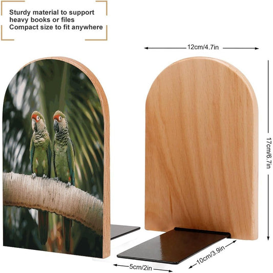Two Parrots on Green Palm Tree Wooden Bookend Non-Slip Book Ends Heavy Duty Book Stopper with Metal Base Books Holderd Decorative Bookends Stands Firmly for Office Supplies