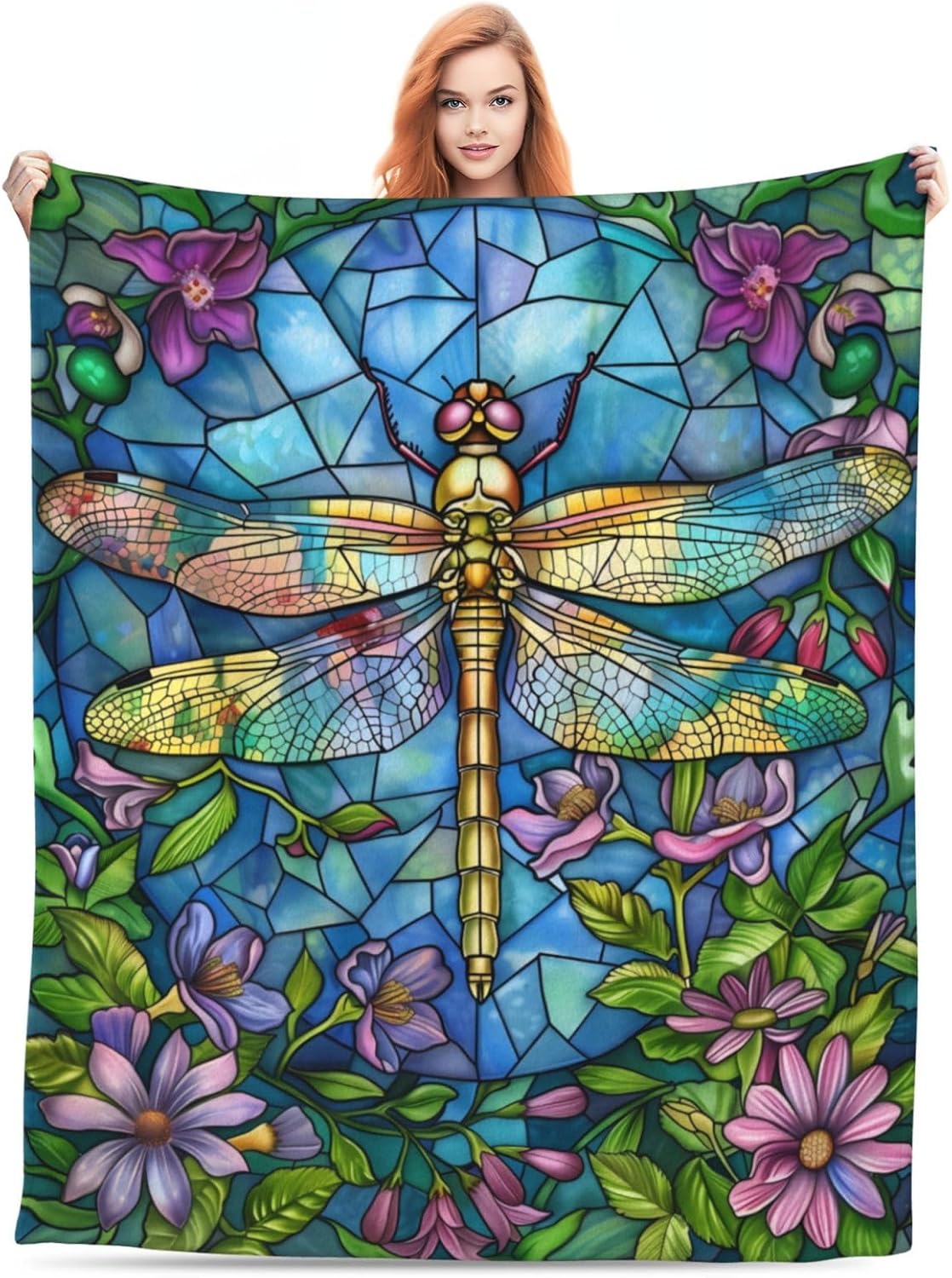 Generic Stained Glass Dragonfly Throw Blanket, Multicolor, 60"x80", Flannel, Lightweight, All Seasons, Reading, Napping, Camping, Travel, Gifting
