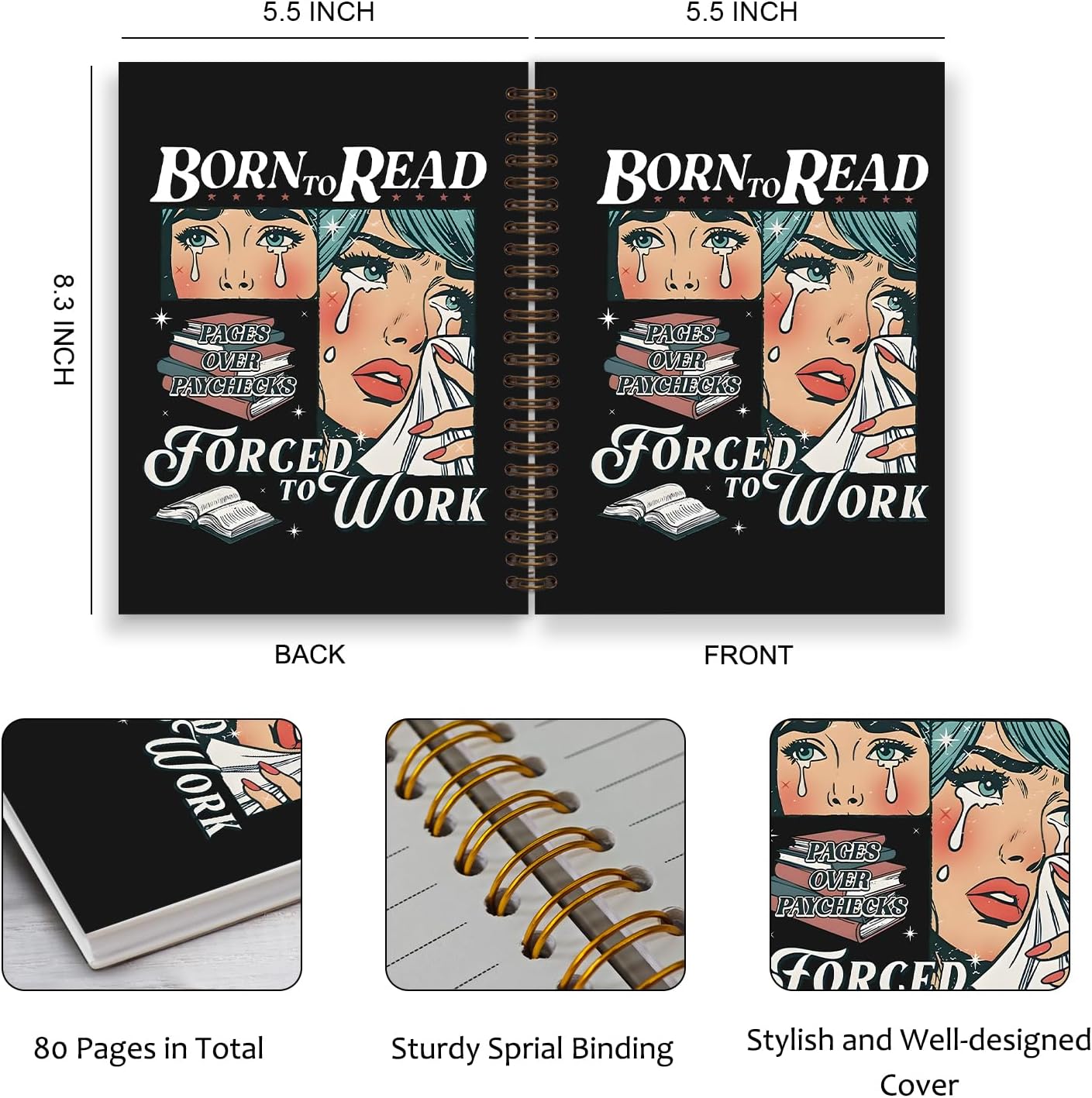 Book Tracker Journal, Reading Journals for Book Tracking, Cute Reading Journal Notebook, Bookish Reader Gifts for Women, Born to Read Forced to Work Spiral Notebook 5.5x8.3