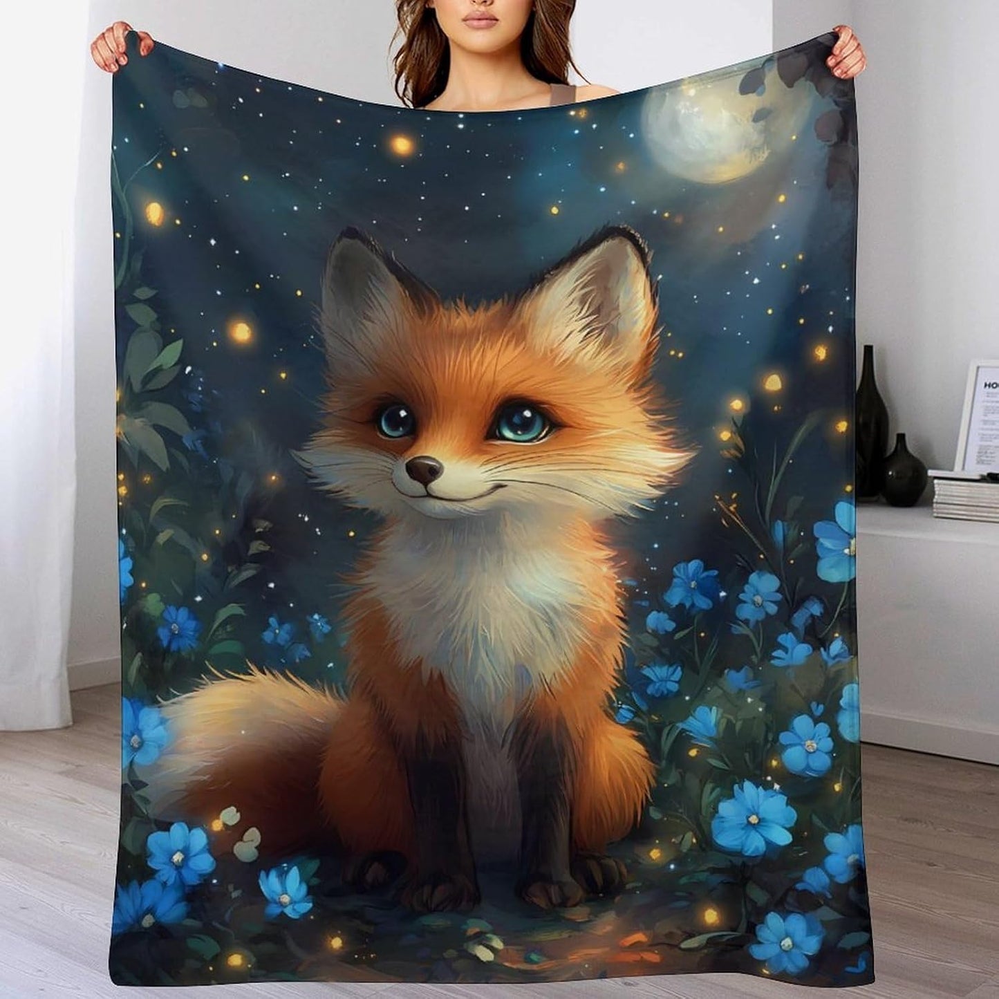 Fox Flowers Throw Blanket for Couch Bed Plush Cozy Fuzzy Flannel Blanket for All Season 40"x50"