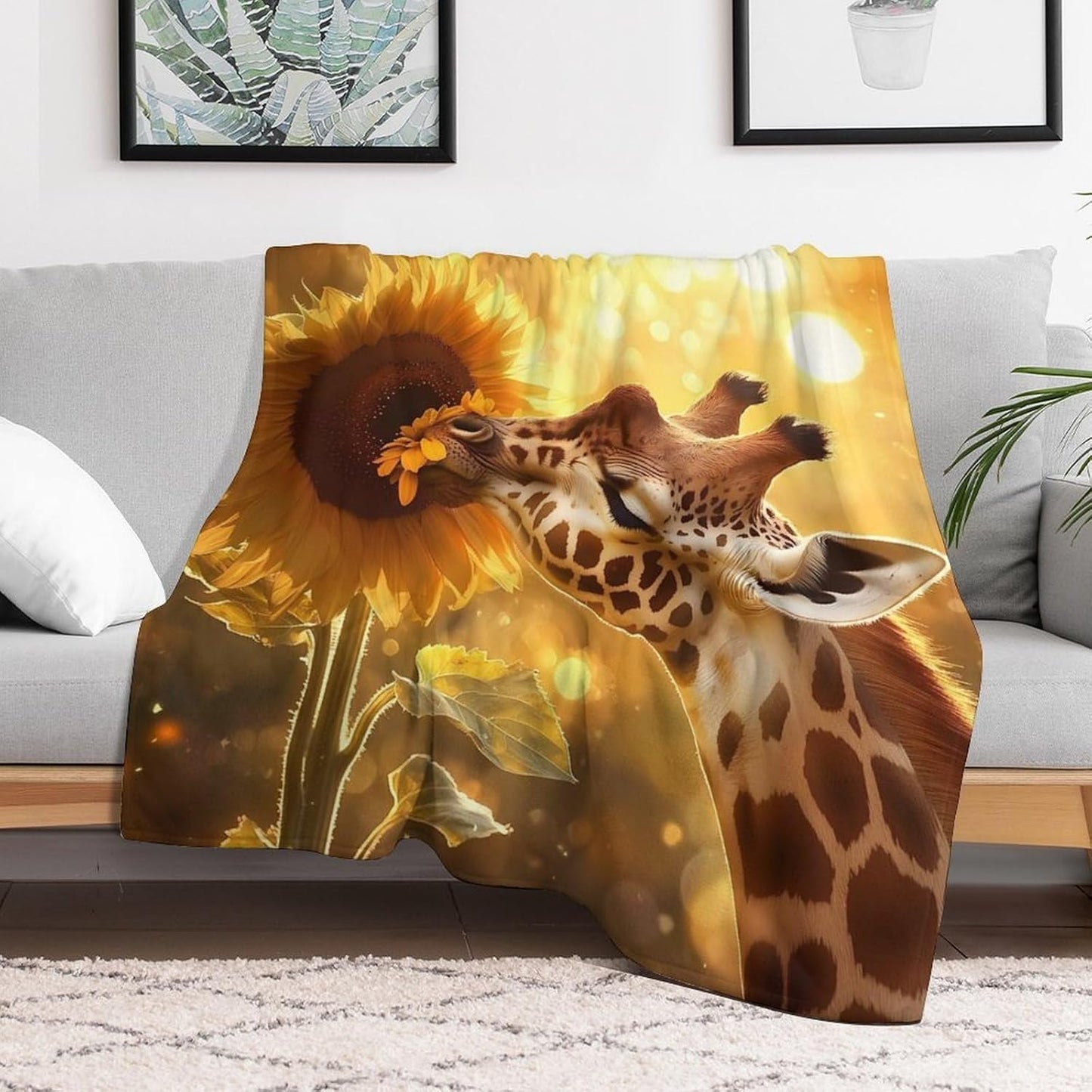 Giraffe and Flower Throw Blanket for Couch Bed Plush Cozy Fuzzy Flannel Blanket for All Season 50"x60"