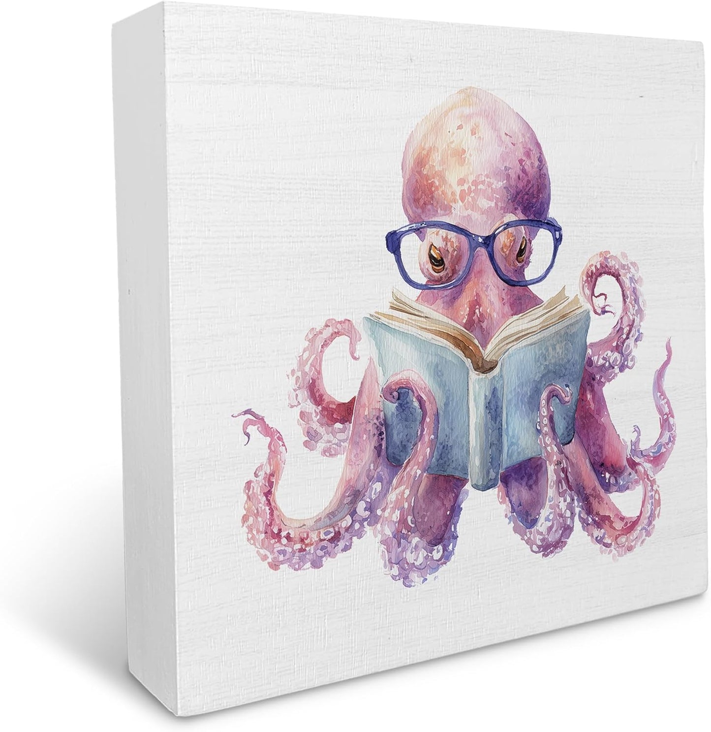 Ku-Dayi Funny Octopus Reading Wooden Box Sign, Book Lovers Gifts Wood Box Decorations for Library Classroom Reading Corner Nook Room, Book Lovers Gifts Wooden Block Plaque Desk Shelf Decor Accents 5x5 Inch