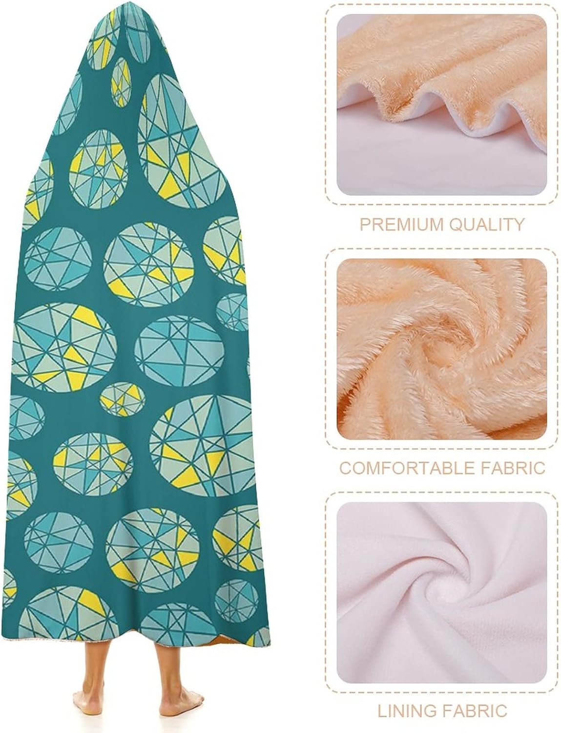 Throw Blankets, Teal Women Men Hooded Blanket, Geometric Mosaic Circles with Triangles Hipster Artistic, Soft Warm Cozy, 40 x 50inches, Studying Reading Snuggling Napping Office, Teal Yellow