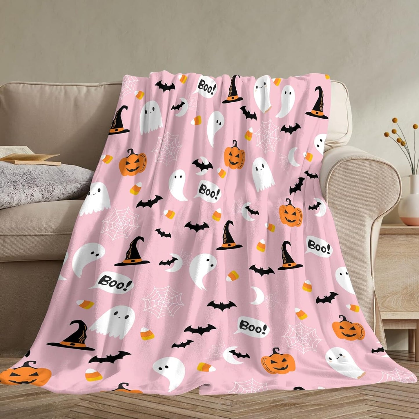 Halloween Cute Ghost Blanket - Pink With Pumpkin, Lightweight Throw for Women, Soft Cozy Fleece for Couch, Living Room, Bed - Kids Girls 50x60 Inches